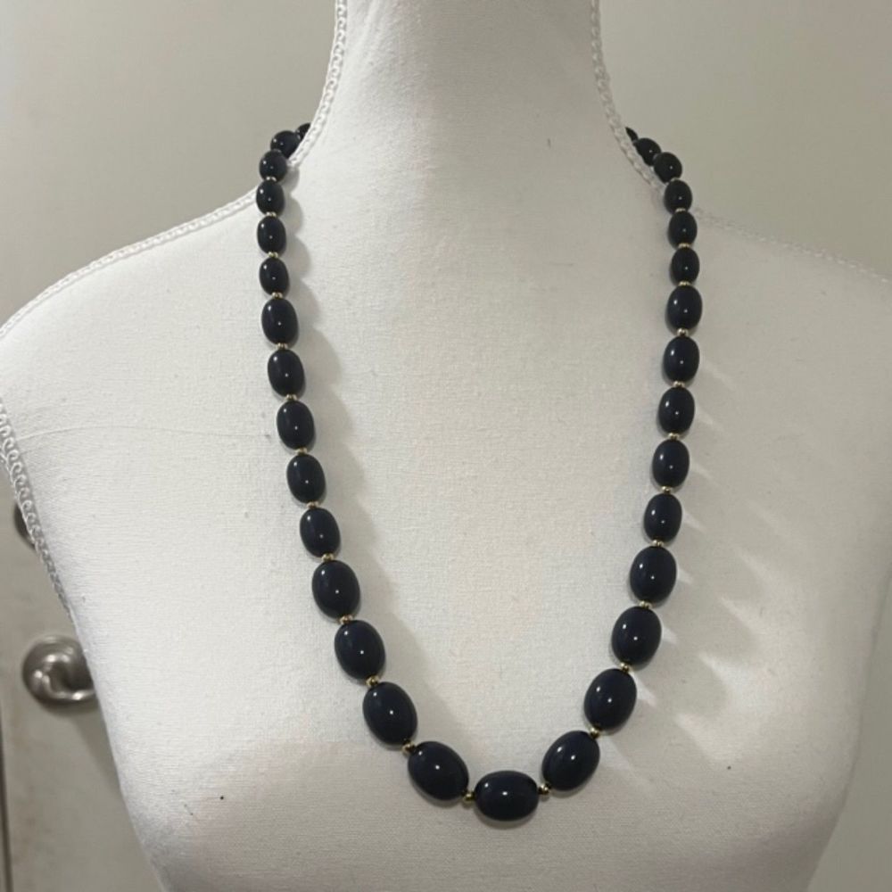 VTG Monet Black Varied Sized Beads Gold Tone Spacers Single Strand 28" Necklace